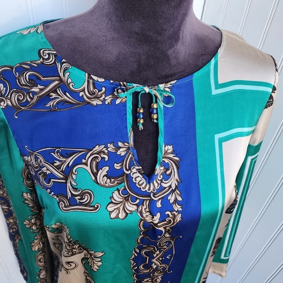 Cache Satin Green Blue Dress Beige Butterfly Scroll Chain Equestrian Print Sz M - Picture 3 of 16